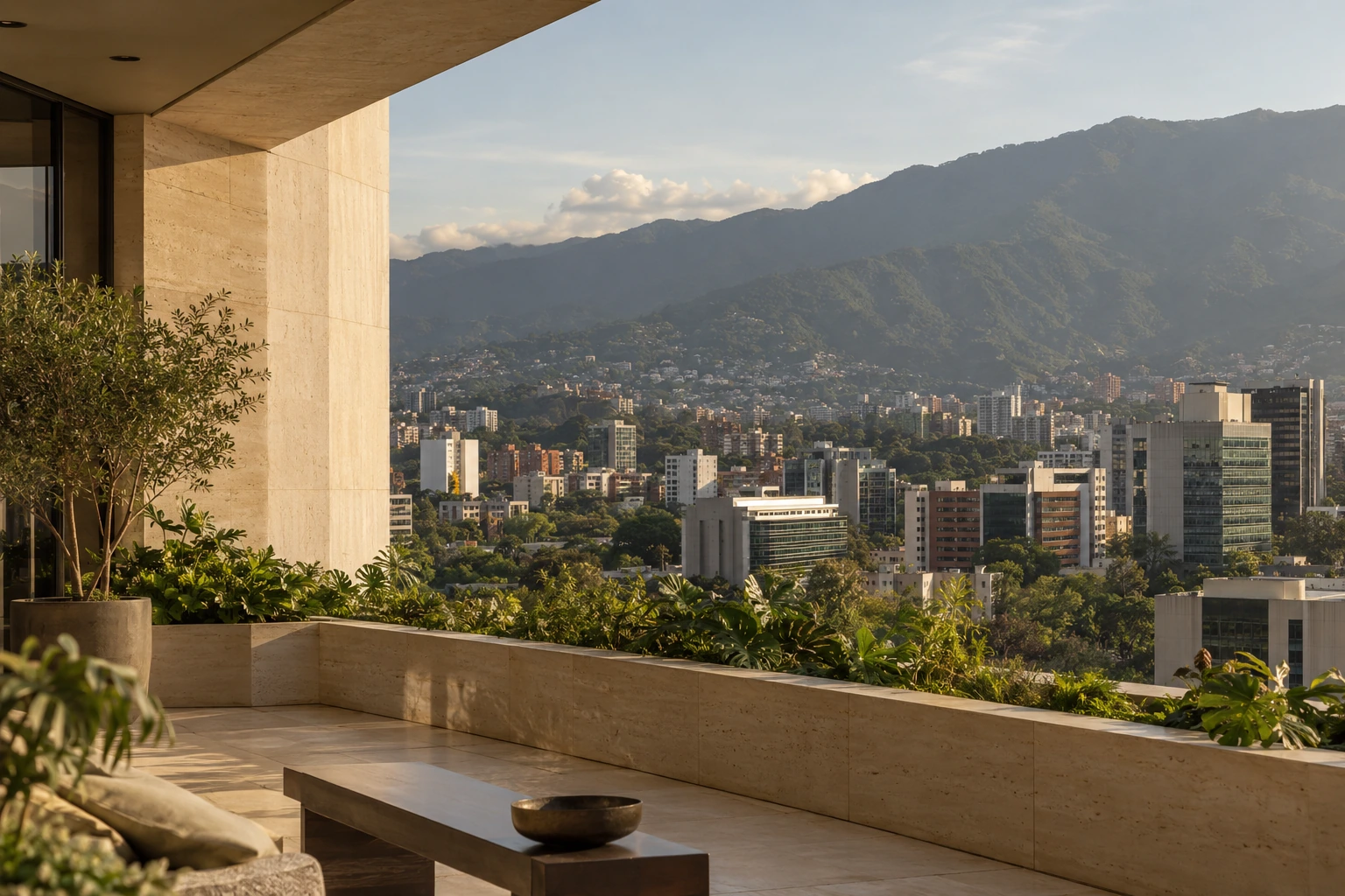 Arquitectura de piedra cálida con vistas a Caracas y el Ávila