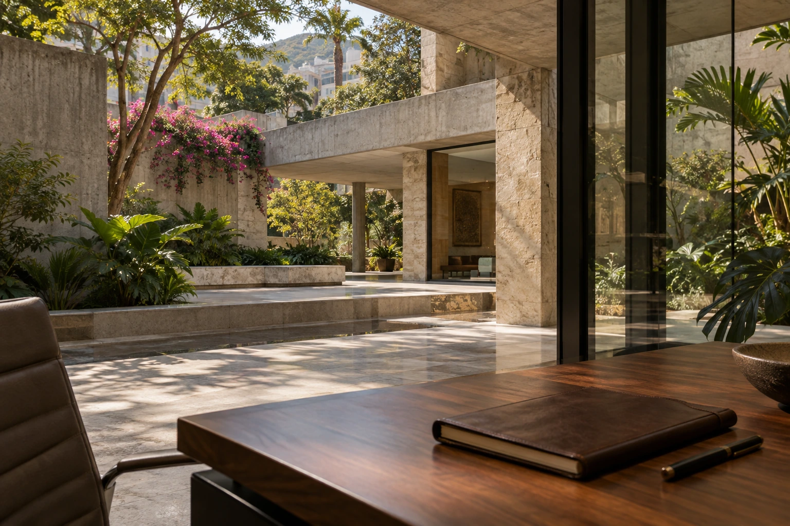 Un patio tranquilo con piedra, vegetación tropical y un cuaderno