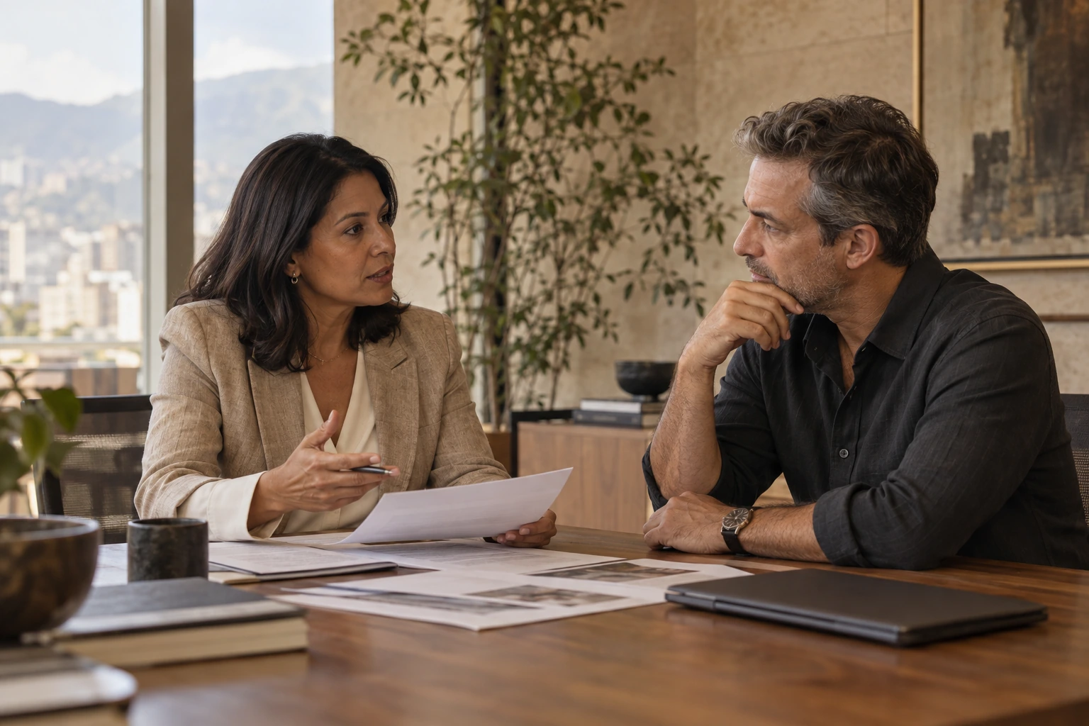 Una consultora y un directivo conversan sobre documentos