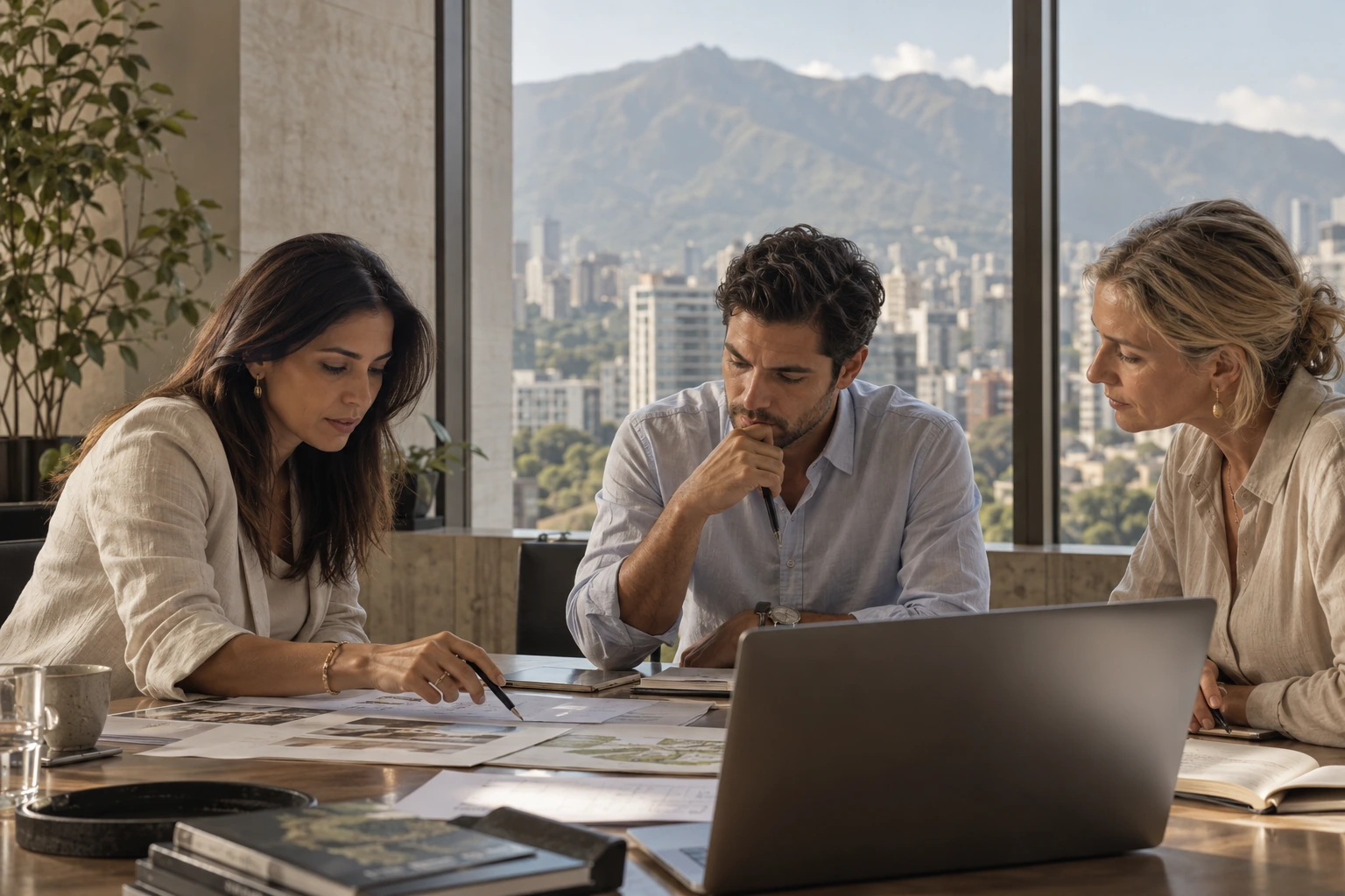 Tres profesionales coordinan sus planes con Caracas al fondo