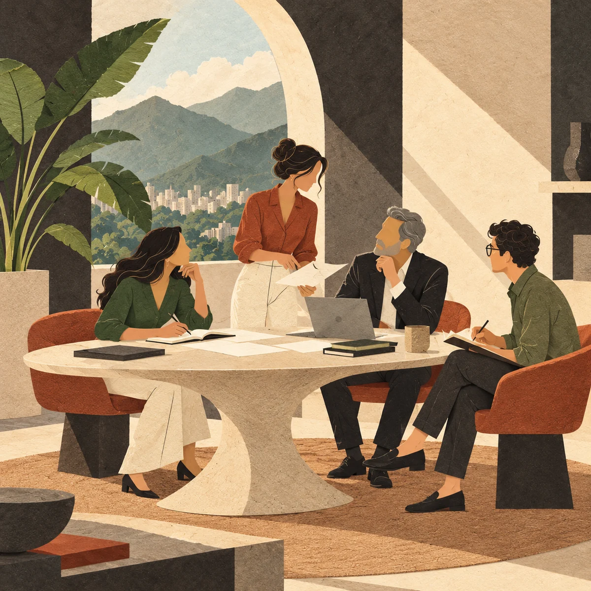 Ilustración de cuatro personas compartiendo ideas y colaborando alrededor de una mesa.